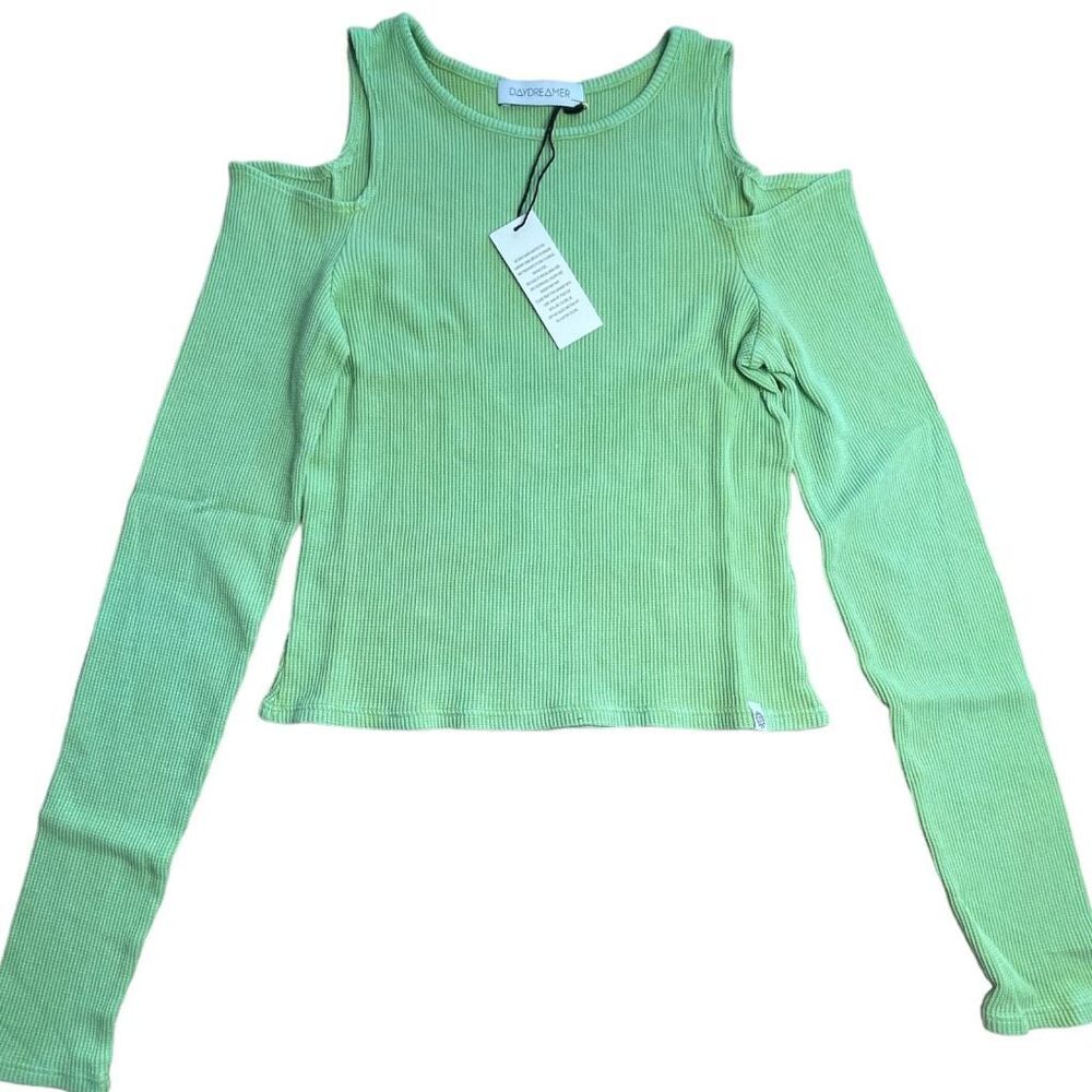 New! Daydreamer Women's Rebel Girl Cold Shoulder Thermal Crop Top Green XL NWT